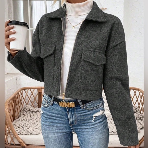 Flap Pocket Drop Shoulder Woolen Coat black - Picture 3 of 4